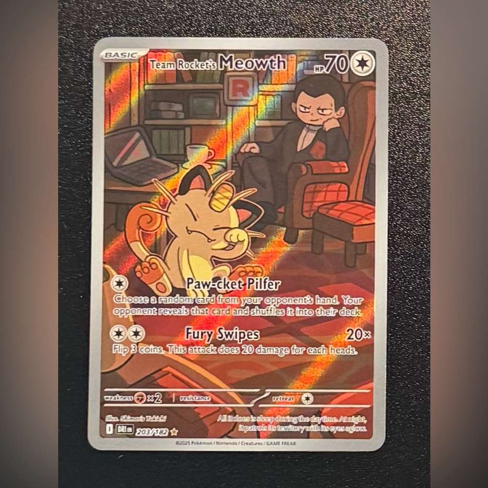 Team Rocket’s Meowth 203/182 Illustration Rare SV6 Holo Pokémon Card